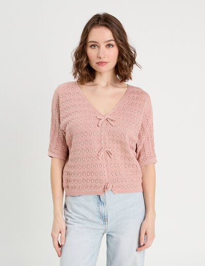 Pull ajouré manches 3/4 rose pastel femme