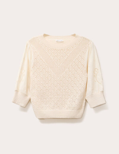 Pull manches 3/4 ajouré ecru femme