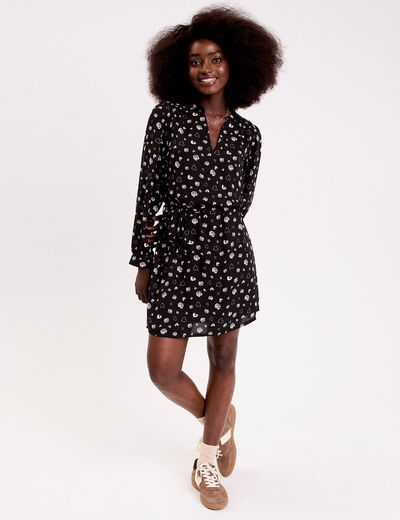 Robe droite courte col v manches longues noir femme