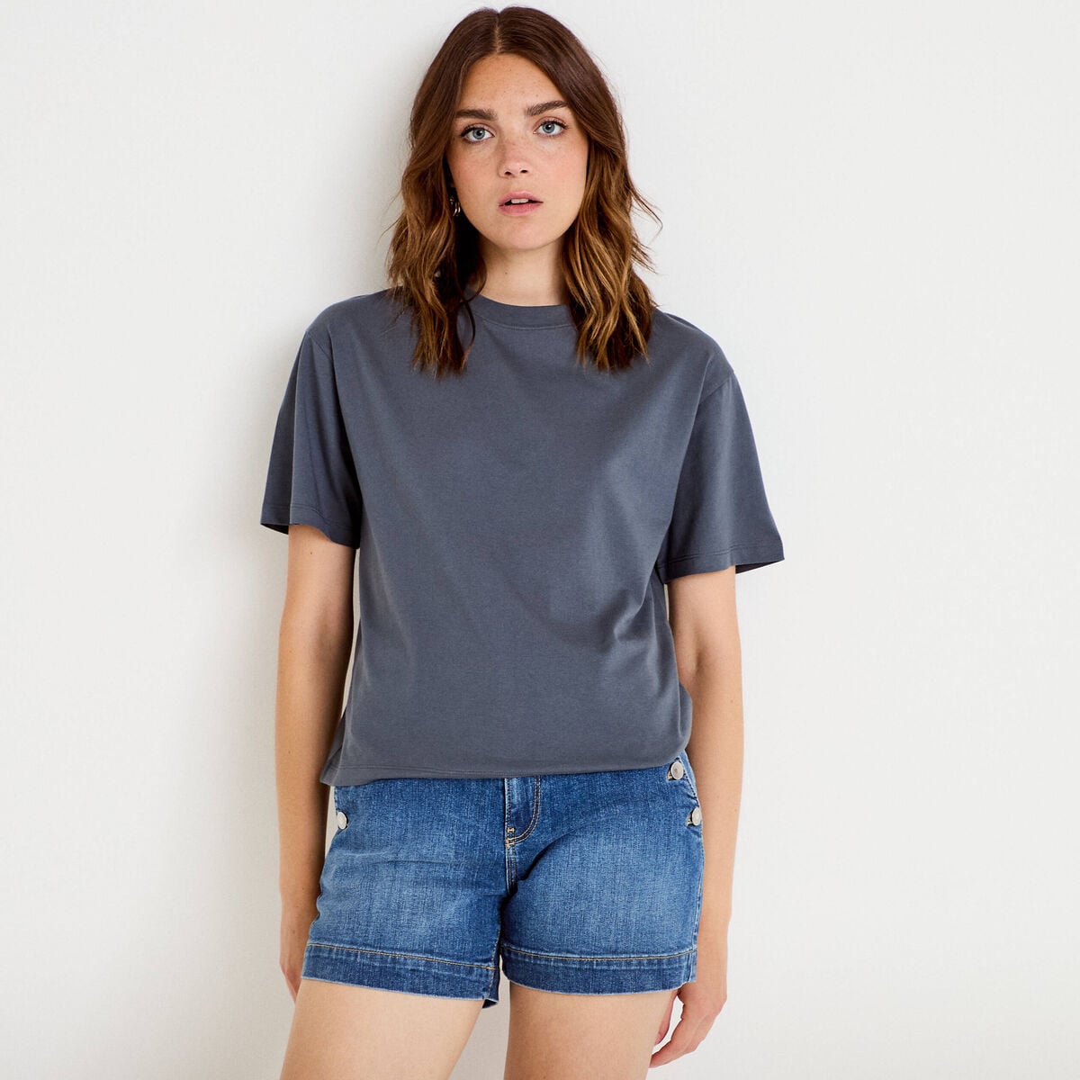 T-shirt col rond manches courtes gris femme