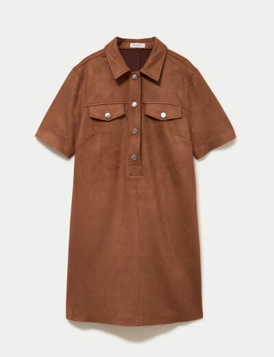 Robe droite 3/4 manches courtes daim marron femme