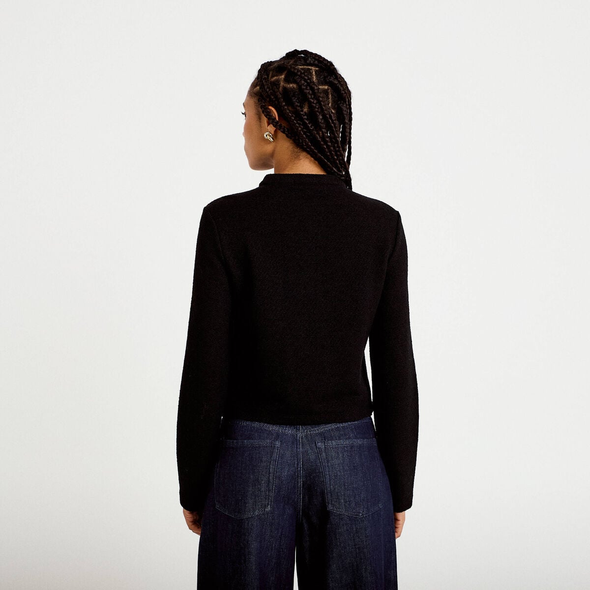 Veste tweed droite cropped col rond noir femme