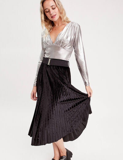 Jupe longue plissée velours noir femme