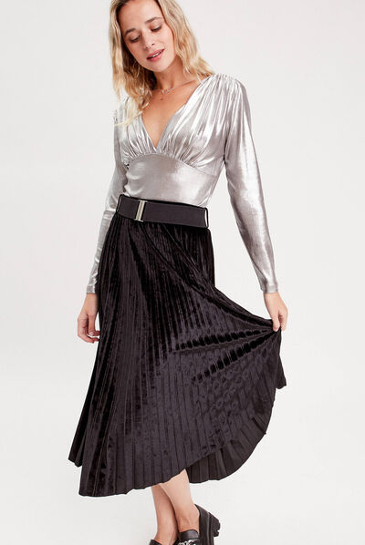 Jupe longue plissée velours noir femme