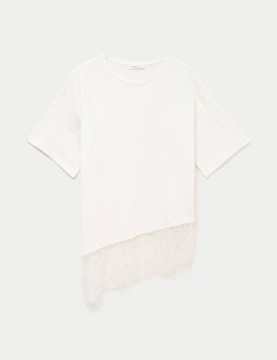 T-shirt oversize longue dentelle ecru femme
