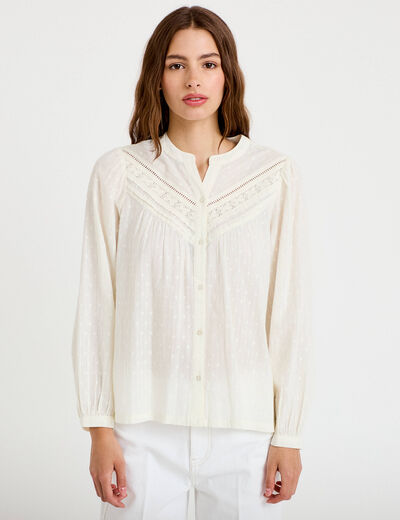 Blouse droite col rond manches longues ecru femme