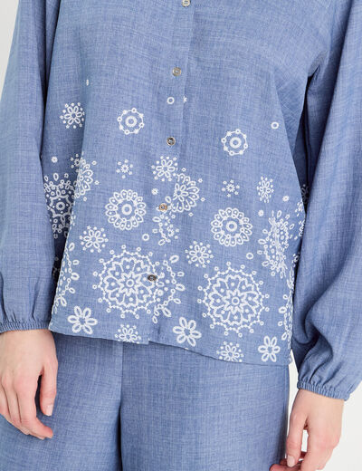 Blouse manches longues brodée bleu femme