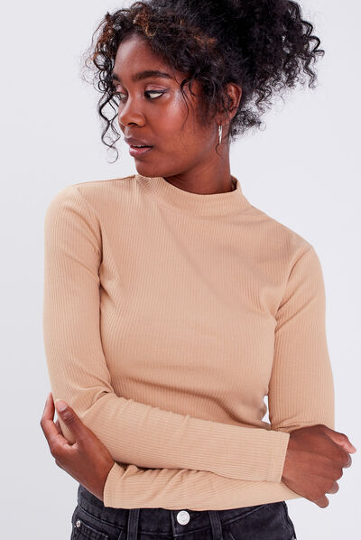 T-shirt maille côtelée beige femme
