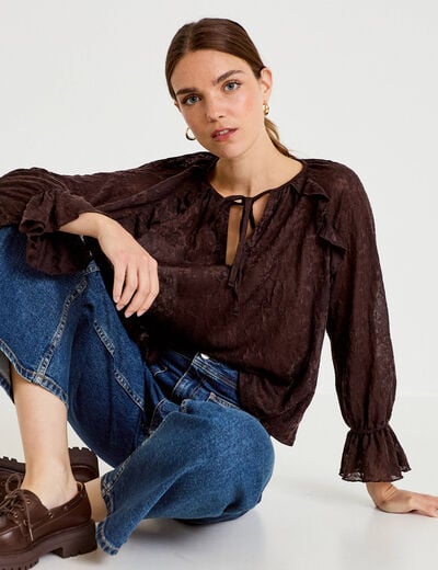 Blouse droite manches longues col rond marron fonc&eacute; femme