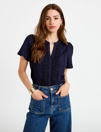 Blouse plastron brod&eacute; manches courtes bleu marine femme