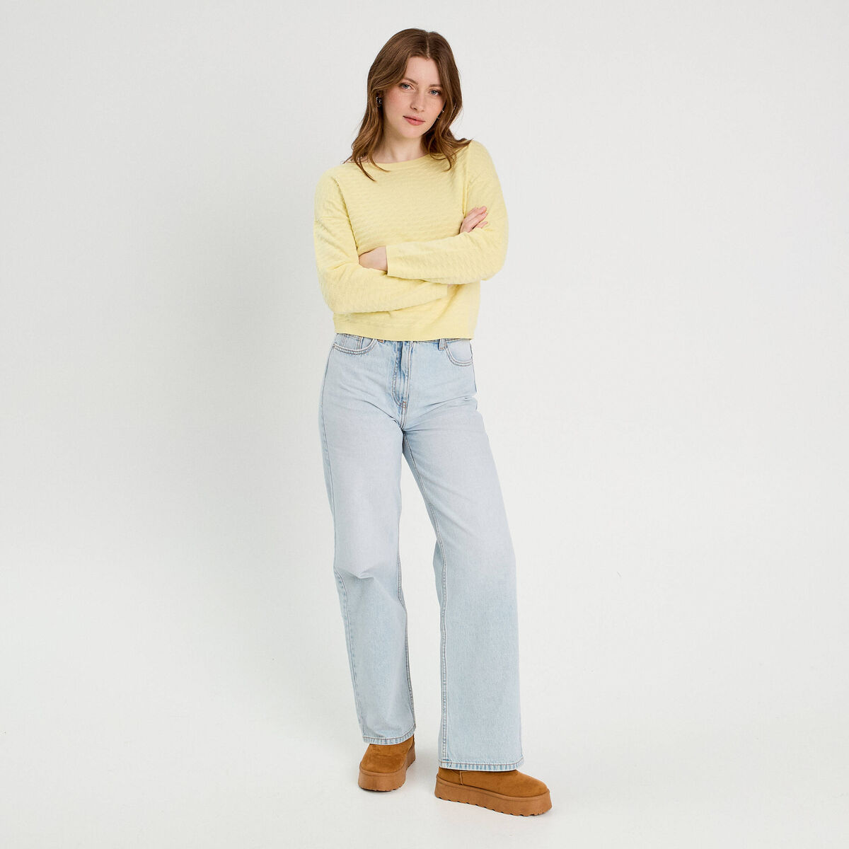 Pull col bateau jaune clair femme
