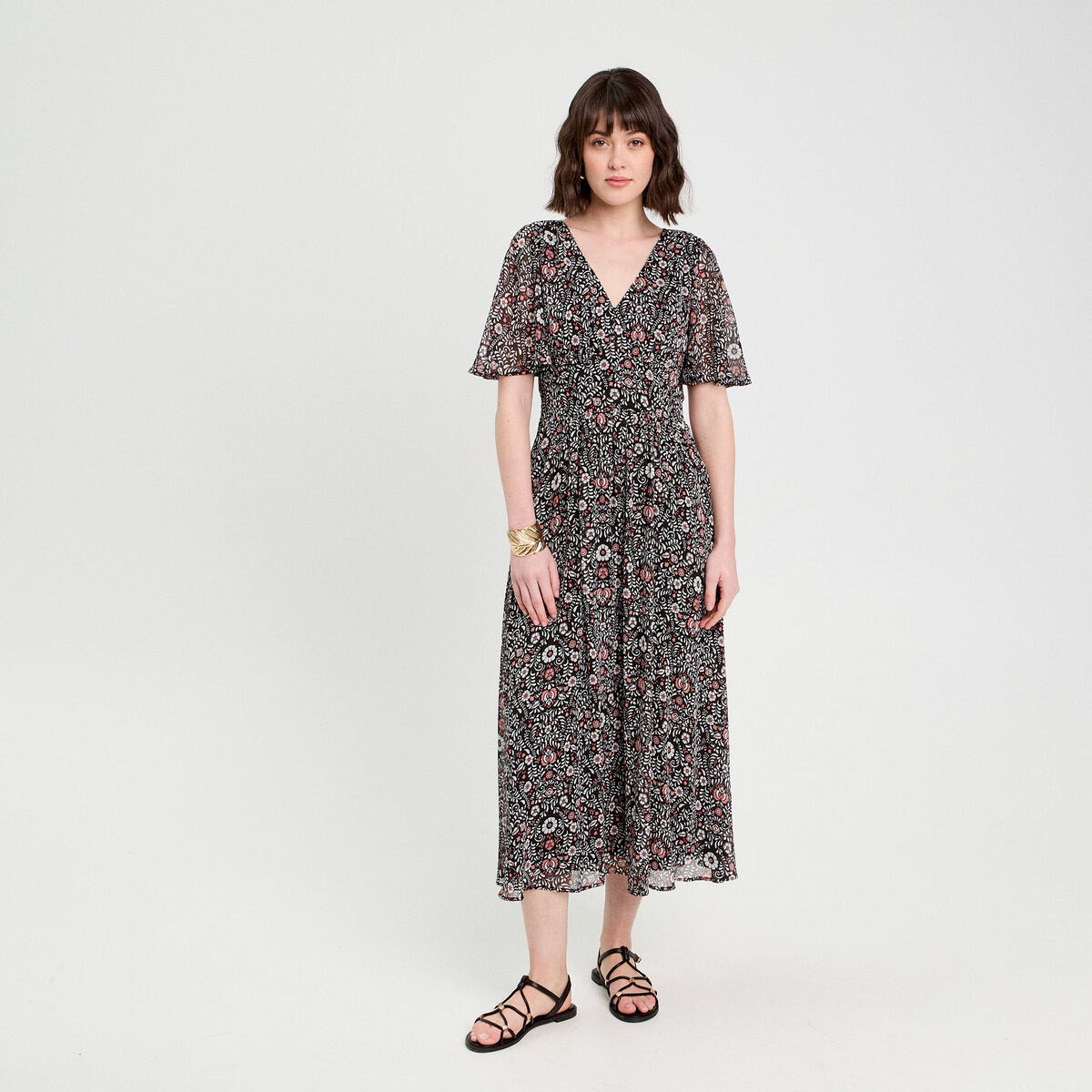 Robe longue évasée col en V noir femme