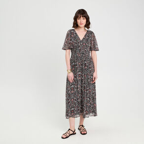 Robe longue évasée col en V noir femme