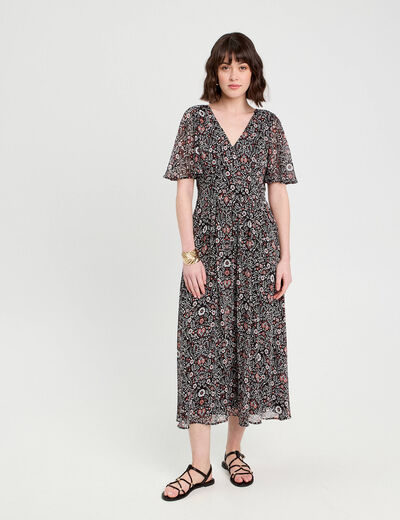 Robe longue évasée col en V noir femme