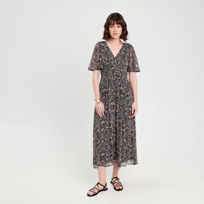 robe longue evasee col en v noir femme Robe longue évasée col en V noir femme