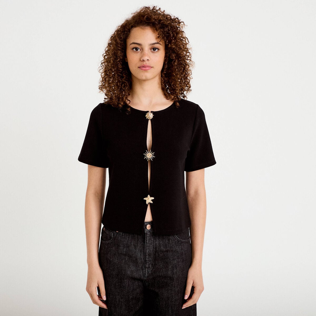 Gilet droit court manches courtes noir femme