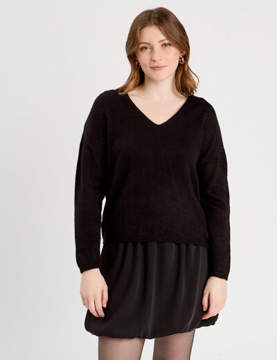 Pull manches longues col en V noir femme