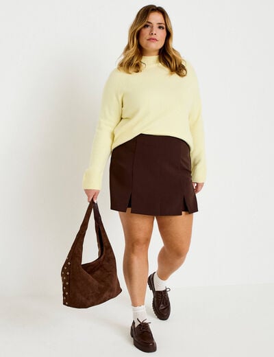 Jupe-short droite fentes marron fonc&eacute; femme