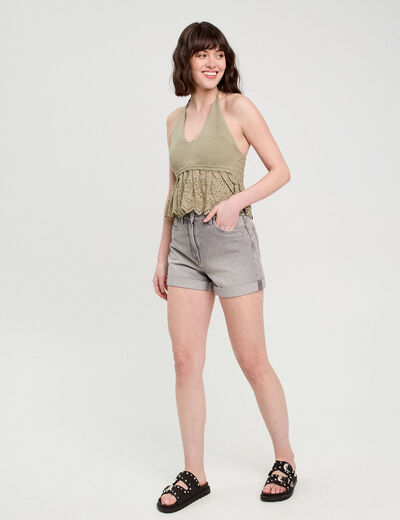 Crop top tricot avec broderie vert kaki femme