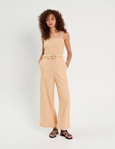 Combinaison pantalon bretelles avec lin jaune femme
