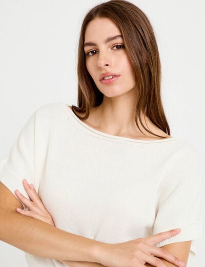 Pull ample cropped manches courtes ecru femme