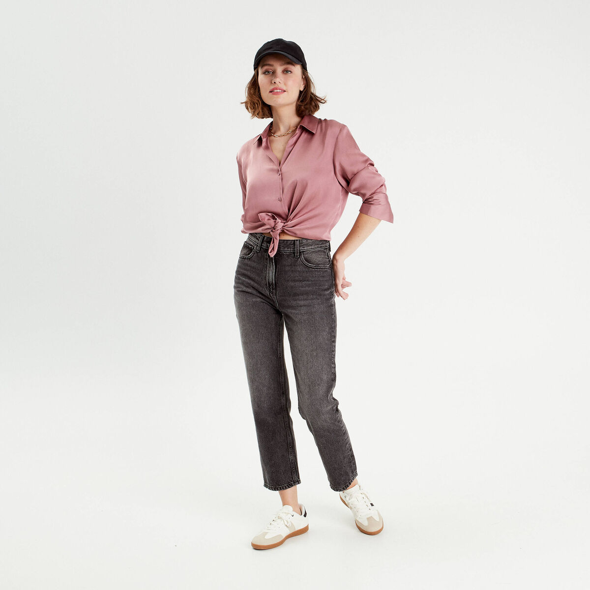 Chemise manches longues satin vieux rose femme