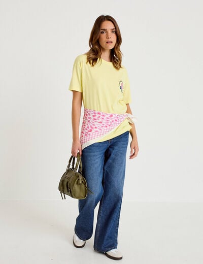 T-shirt bouclettes manches courtes jaune pastel femme