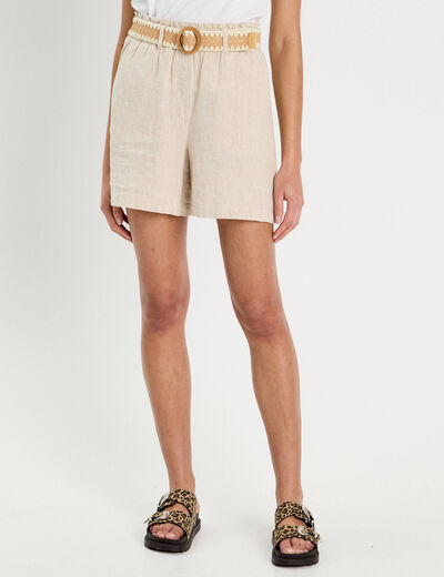 Short ample ceinturé contenant du lin beige femme