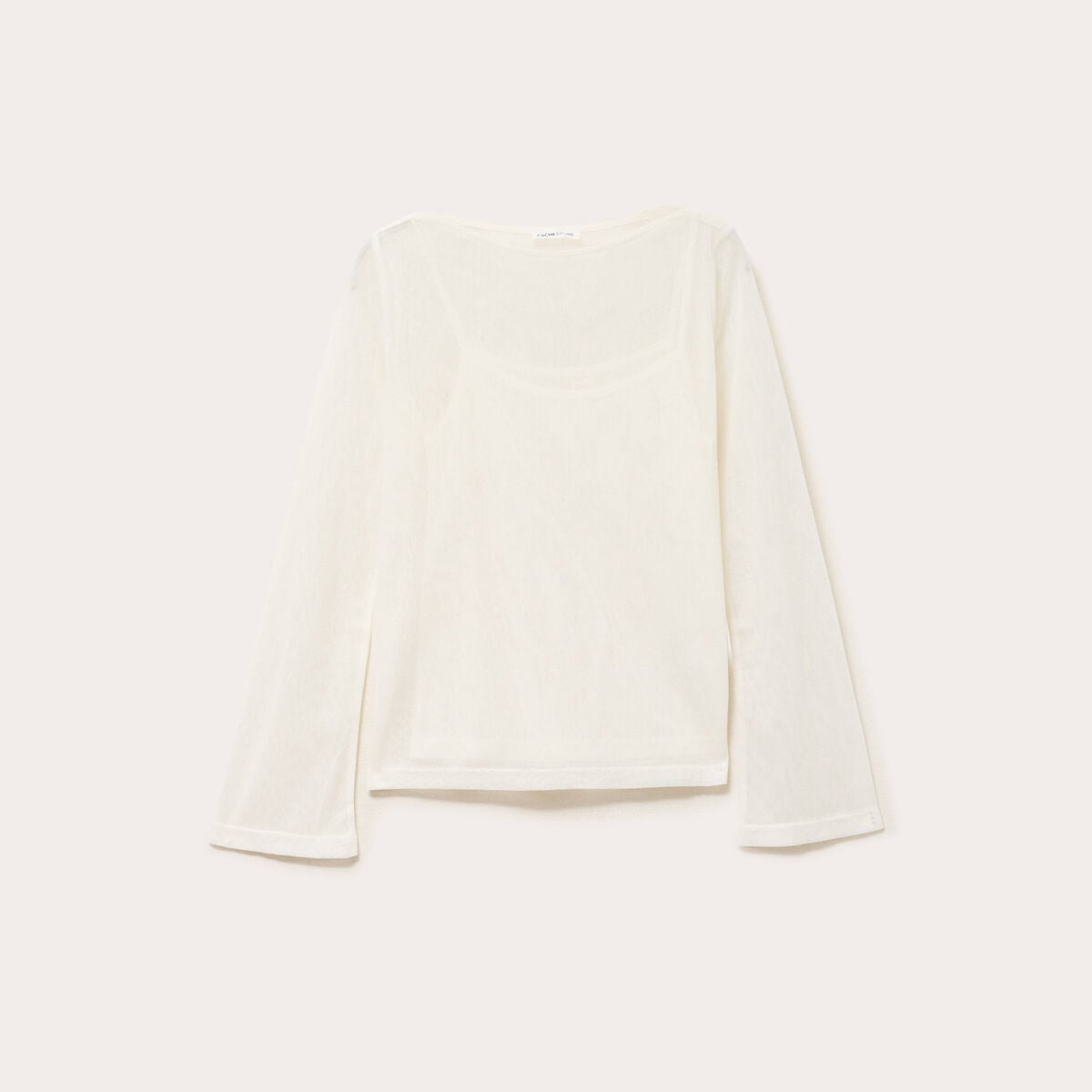 Top transparent col rond manches longues ecru femme