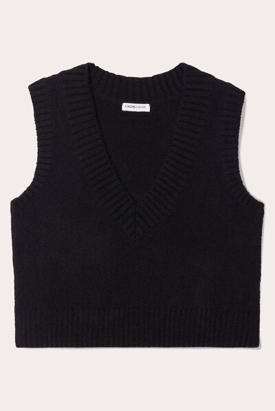 Pull sans manches col en V noir femme