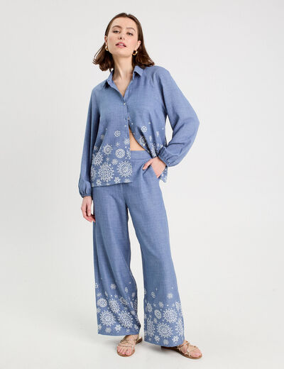 Pantalon large brodé bleu femme