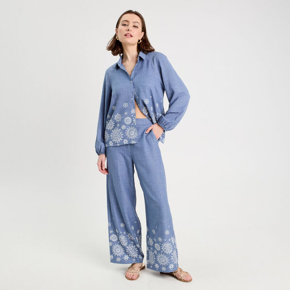 pantalon large brode bleu femme Pantalon large brodé bleu femme