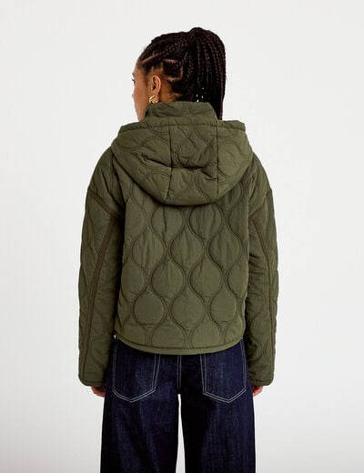 Veste droite &agrave; capuche manches longues vert kaki femme
