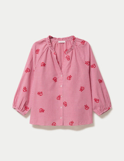 Blouse col v manches 3/4 broderie rouge femme