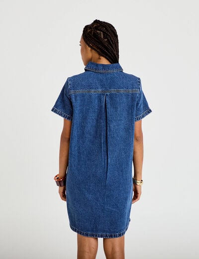 Robe droite courte en jean col chemise denim stone femme