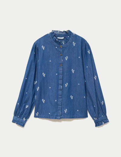Chemise droite en jean col montant blanc femme