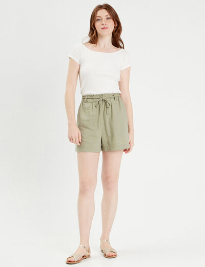 Short regular contenant du lin vert kaki femme