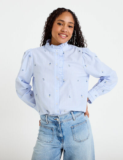 Chemise droite manches longues bleu ciel femme