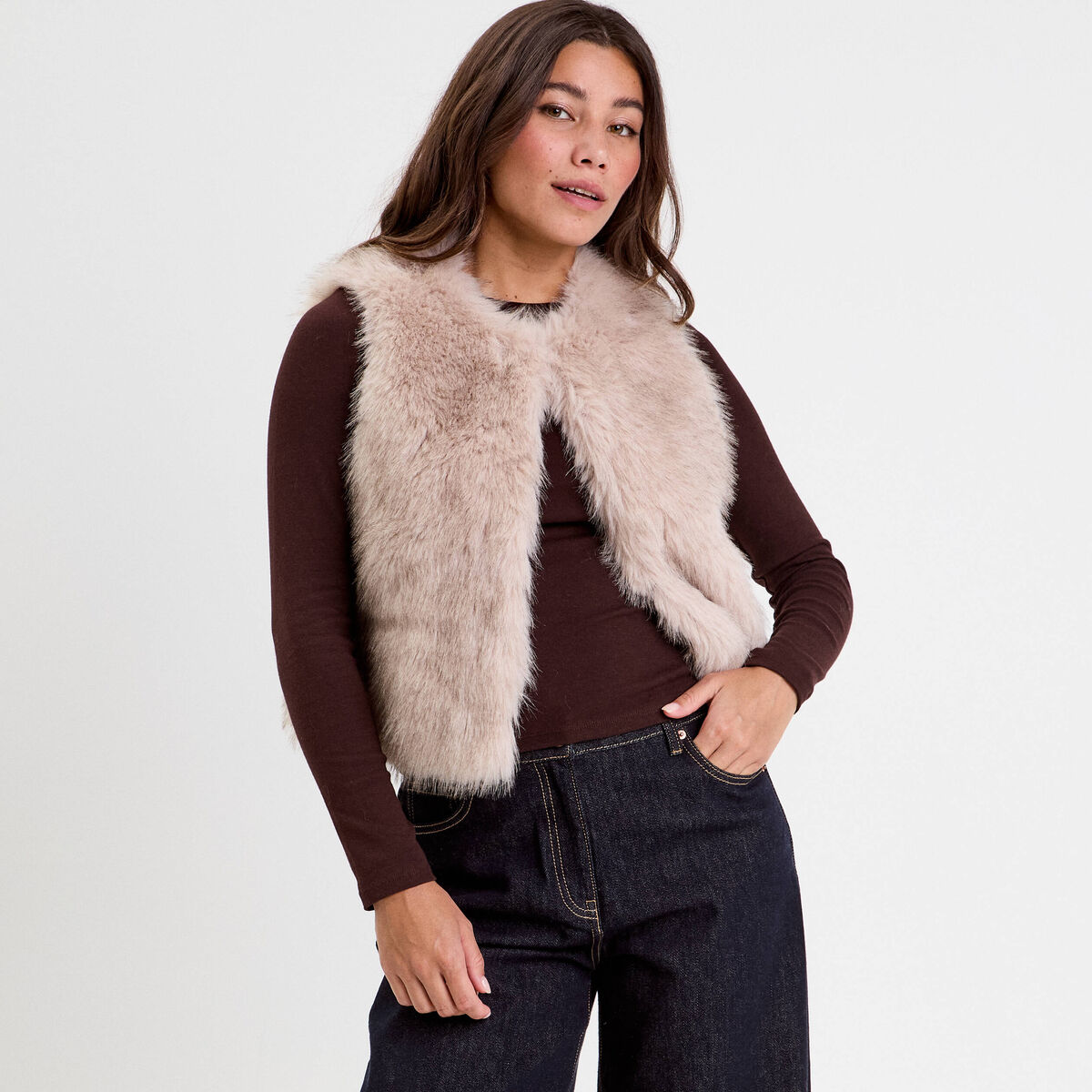 Gilet sans manches fausse fourrure sable femme
