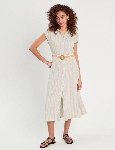 Robe chemise midi contenant du lin vert femme