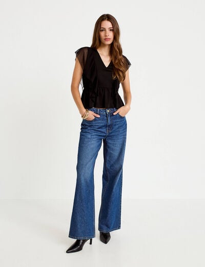 Blouse d&eacute;collet&eacute; voile manches courtes noir femme