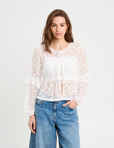 Blouse manches longues noeuds blanc femme