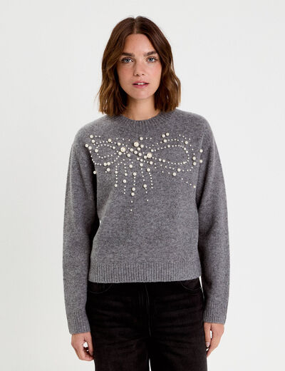 Pull avec perles gris fonc&eacute; femme
