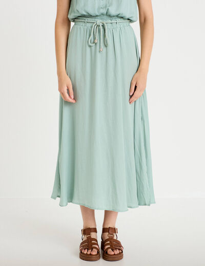 Jupe longue &eacute;vas&eacute;e satin vert pastel femme