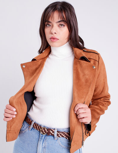 Veste esprit biker droite camel femme