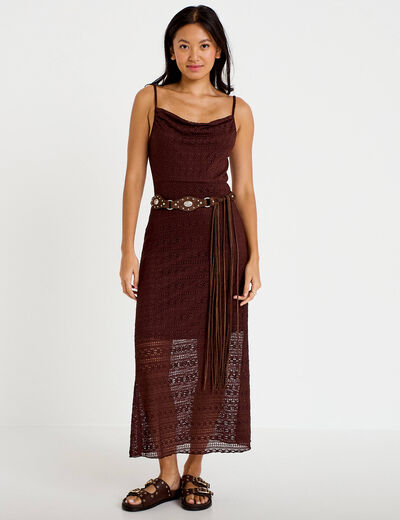 Robe longue droite col b&eacute;nitier dentelle marron femme
