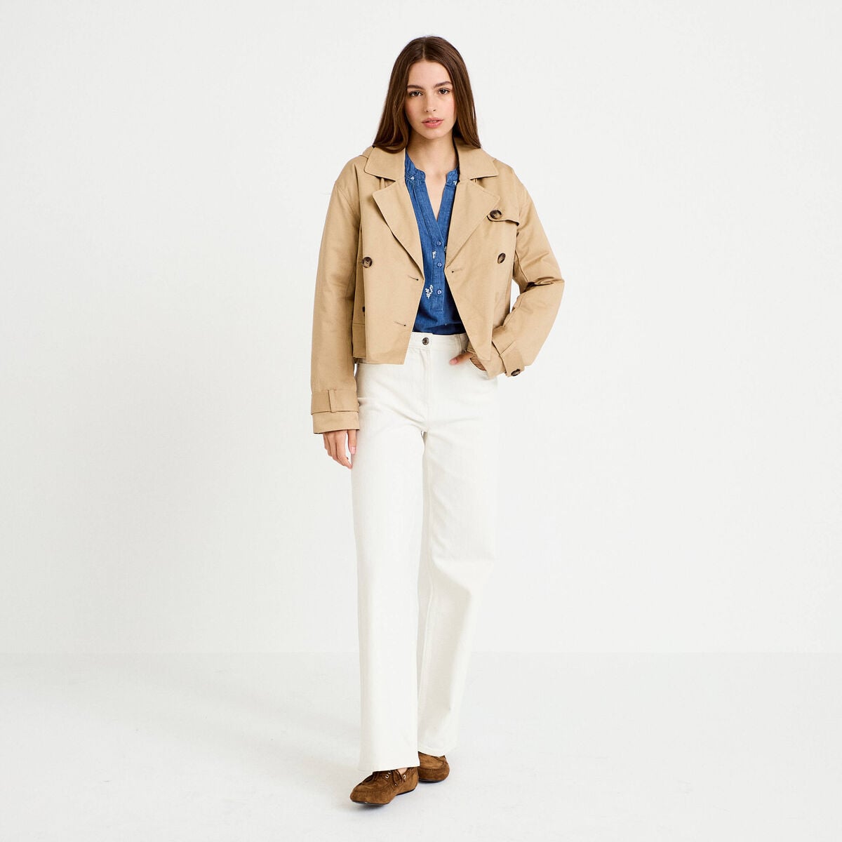 Trench droit court &agrave; capuche amovible beige femme