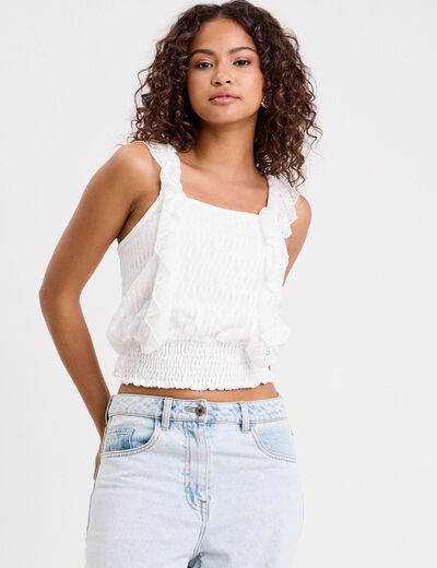 Top sans manches dentelle bas resserré ecru femme