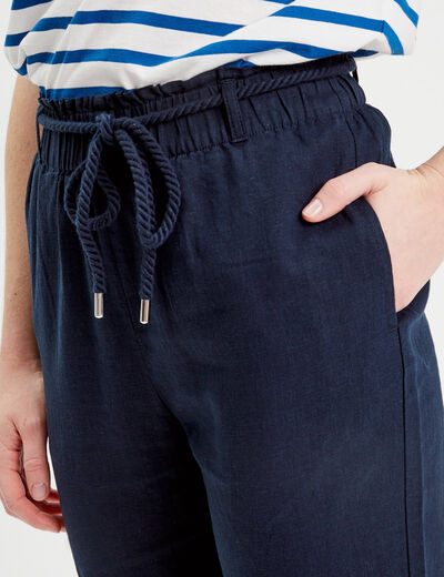 Pantalon droit fluide contenant du lin bleu marine femme