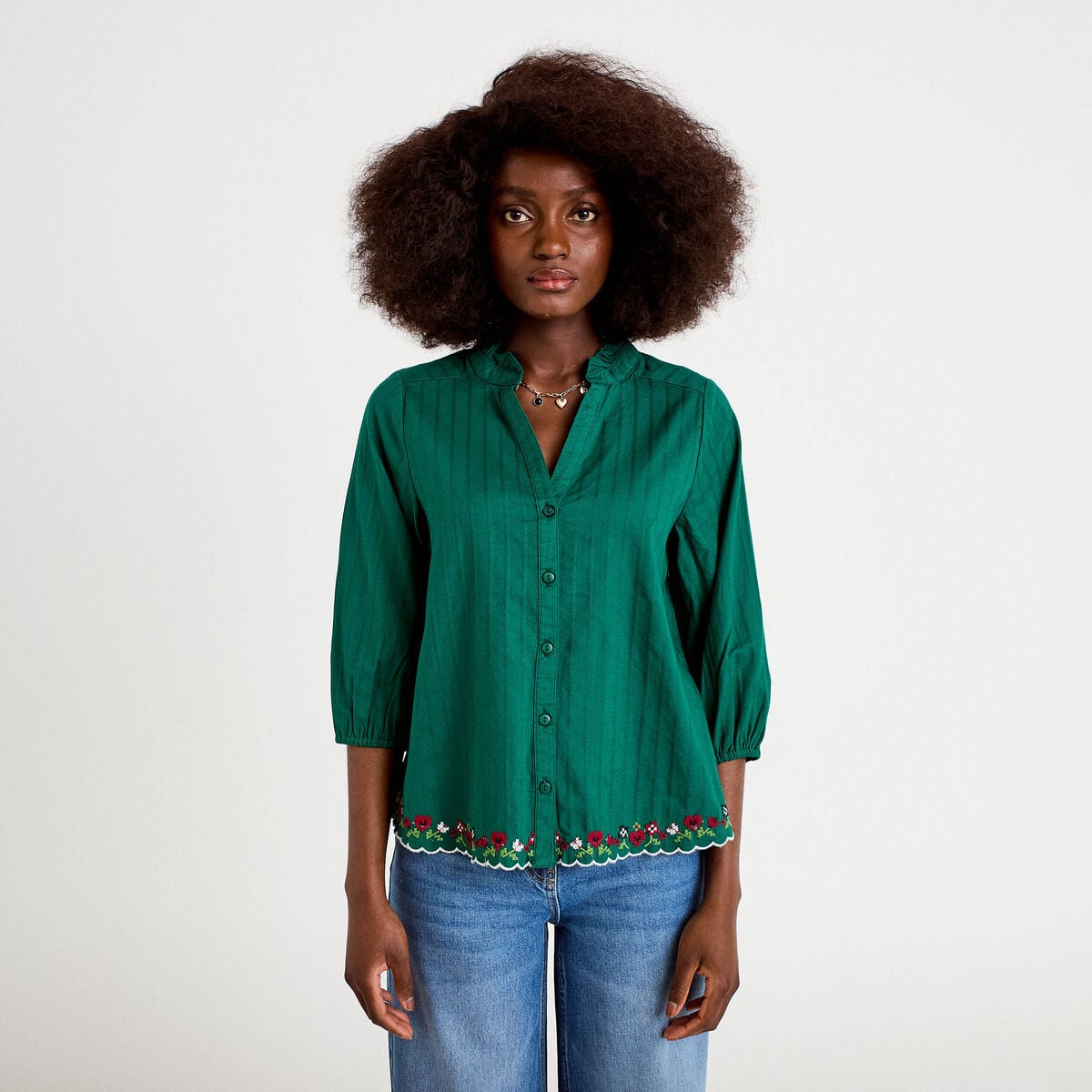 Blouse broderie col v manches 3/4 vert fonc&eacute; femme